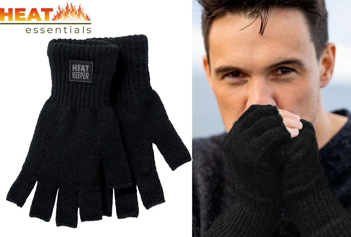 Heat Essentials - Vingerloze Handschoenen - Unisex - Zwart - L/XL - Thermo Handschoenen Zonder Vingers - Handschoenen Dames - Handschoenen Heren - Handschoenen Winter