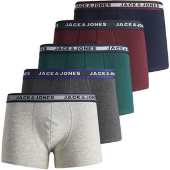 Set van vijf boxers in lichtgrijs, grijs, groen, bordeauxrood en donkerblauw met 'JACK & JONES' tailleband.