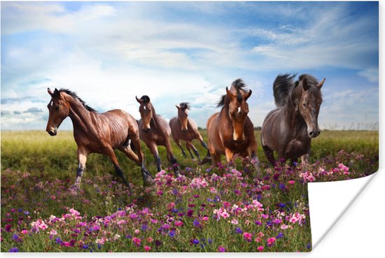 Poster 90x60 cm - Paarden - Bloemen - Roze - Posters - Kamer decoratie - Wanddecoratie woonkamer - Muurdecoratie slaapkamer
