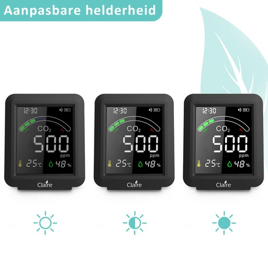 Drie Claire Airbox CO2 meters met verschillende helderheidsinstellingen: hoog, gemiddeld en laag.