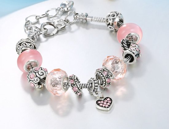 Treasure Trove Elegante Hart Bedelarmband - Vrouw - Roze Zilverkleurig - Armband Verstelbaar 19 - 22 cm
