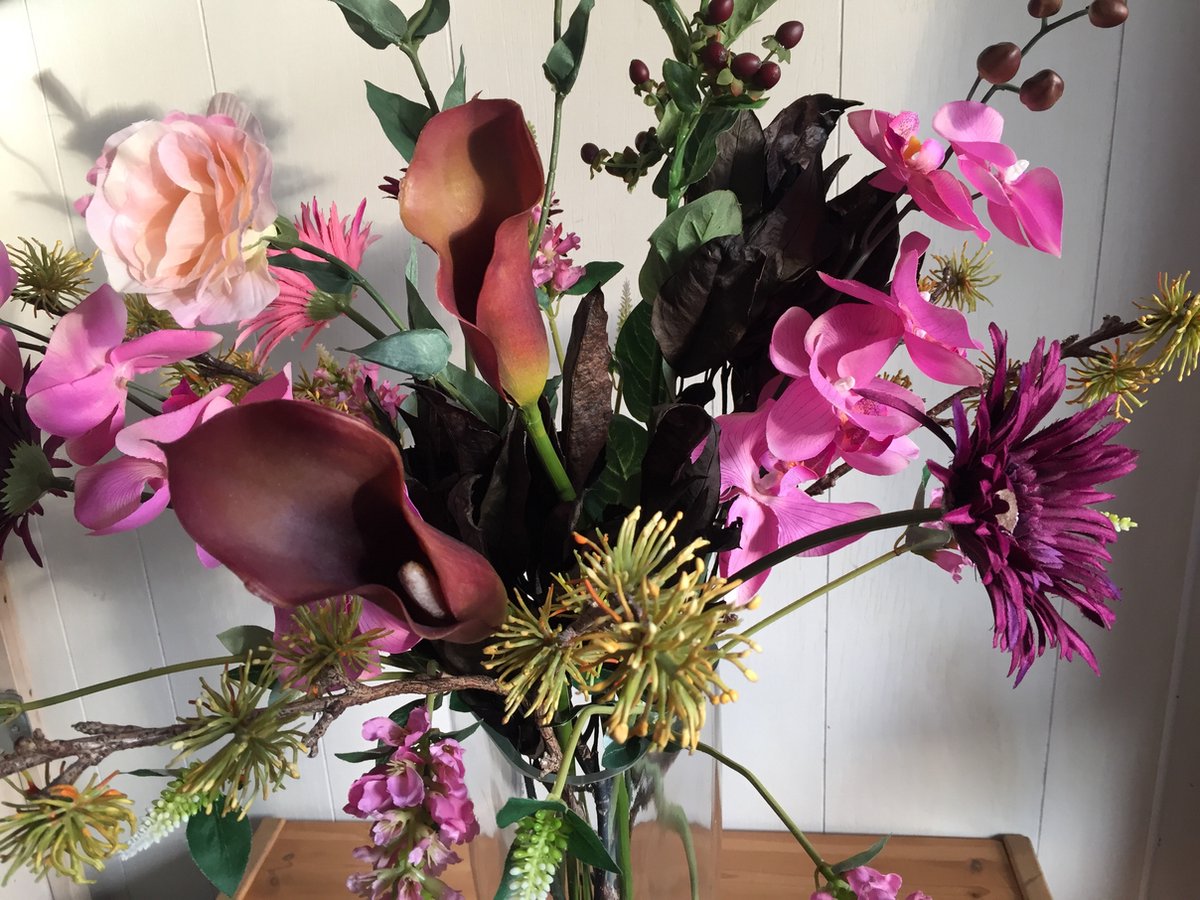 ROLLWAY 55 stuks zijde- en kunstbloemen, roze boeket, kunstbloemen, eucalyptutakken en kunstbloemen als echt, kunstbloemen, boeket, decoratieve takken voor doe-het-zelf bruidsboeket, bruiloft