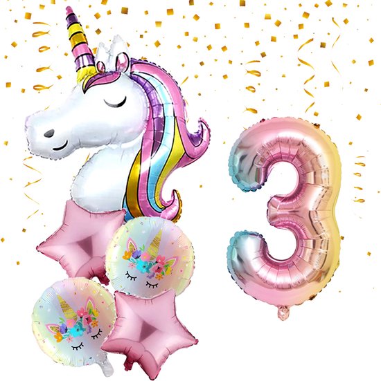 * Snoes * Unicorn * Eenhoorn  Licht Roze* Set van 6 Ballonnen XL * Unicorn Nummer 3 * Derde verjaardag * Hoera 3 Jaar * Birthday