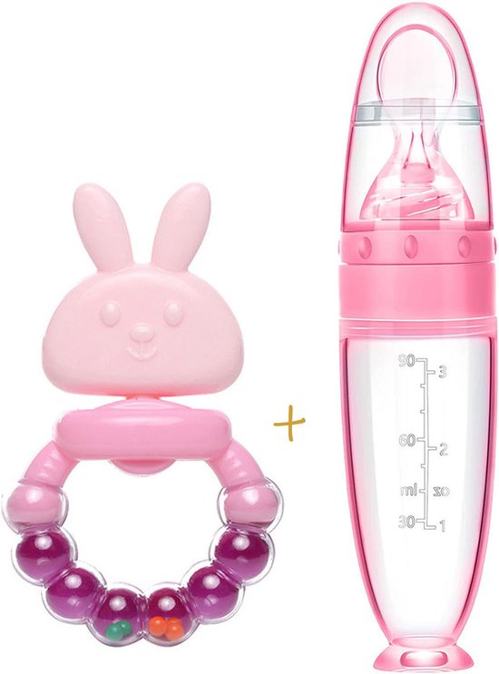 Babyflesje - Biberoia®  Cadeau set - Baby - Knijpfles met lepel - Bijtring met rammelaar - Speelgoed - Babyfles - Babybestek - Roze