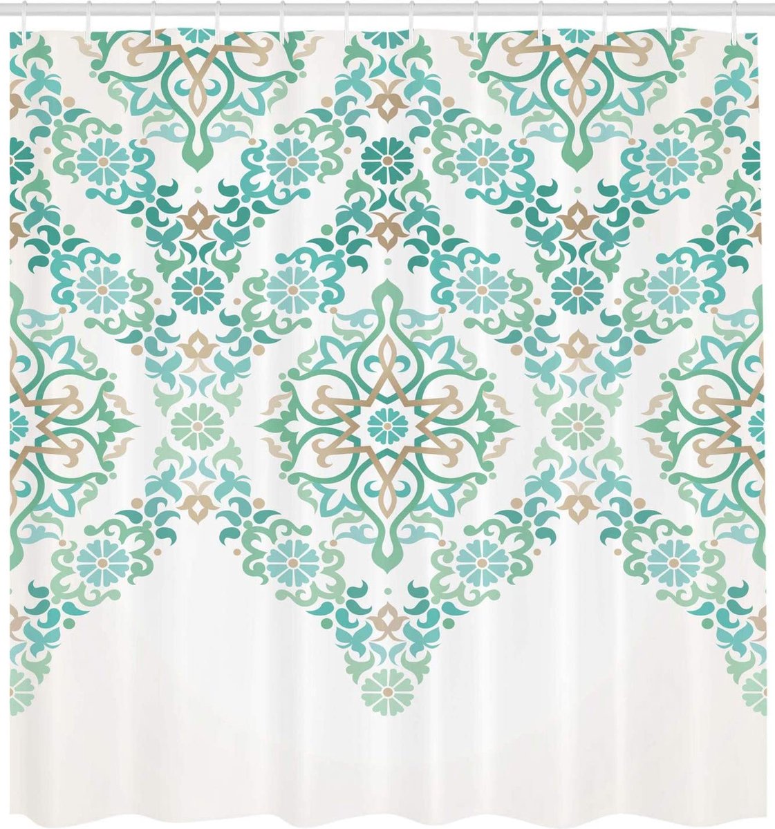 ABAKUHAUS traditioneel Douchegordijn, Vintage Bloemen Boho, stoffen badkamerdecoratieset met haakjes, 175 x 180 cm, Green Tan