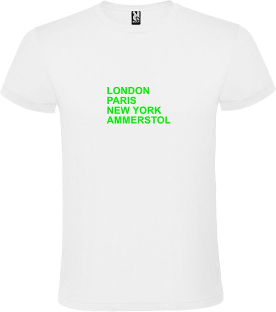 Wit T-Shirt met “ LONDON, PARIS, NEW YORK, AMMERSTOL “ Afbeelding Neon Groen Size XXXL