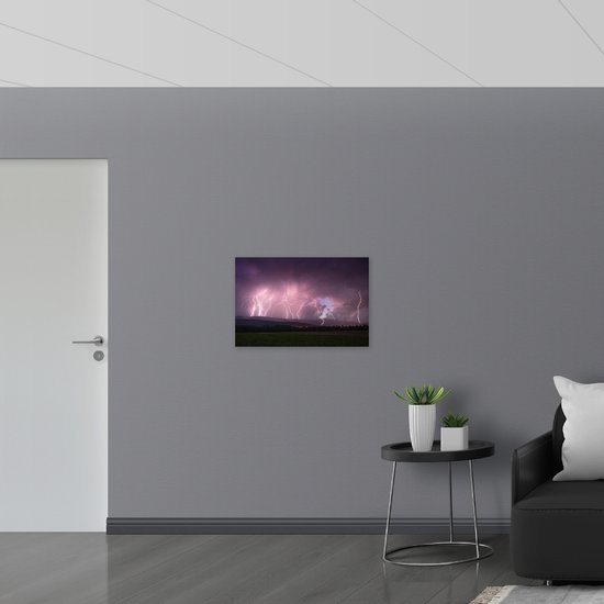 Hout - Bliksem Regen boven Heuvels - 75x50 cm - 12 mm dik - Foto op Hout (Met Ophangsysteem)