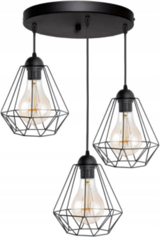 Hanglamp - Plafondlamp Met 3 Diamand-Vormige Draadkappen - Industrieel Modern Zwart