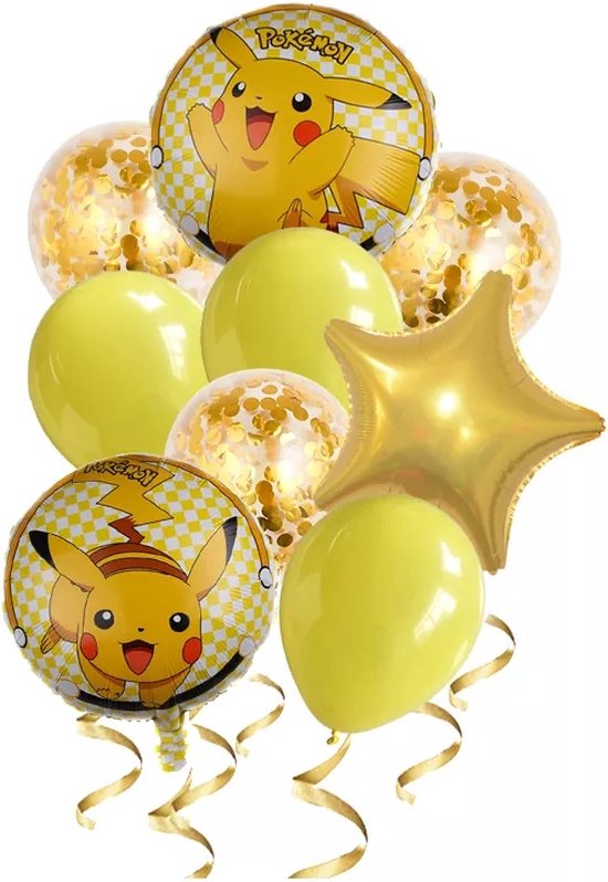 Pokemon Verjaardag Ballonnen - Themafeest Pokemon - Kinderfeestje - Pikachu Ballon - Folieballon - Helumballon -  Feestversiering Pokemon - 9 stuks Ballonnen - Feestpakket - Birthday Decoration - Goud - Geel - Pikachu Set