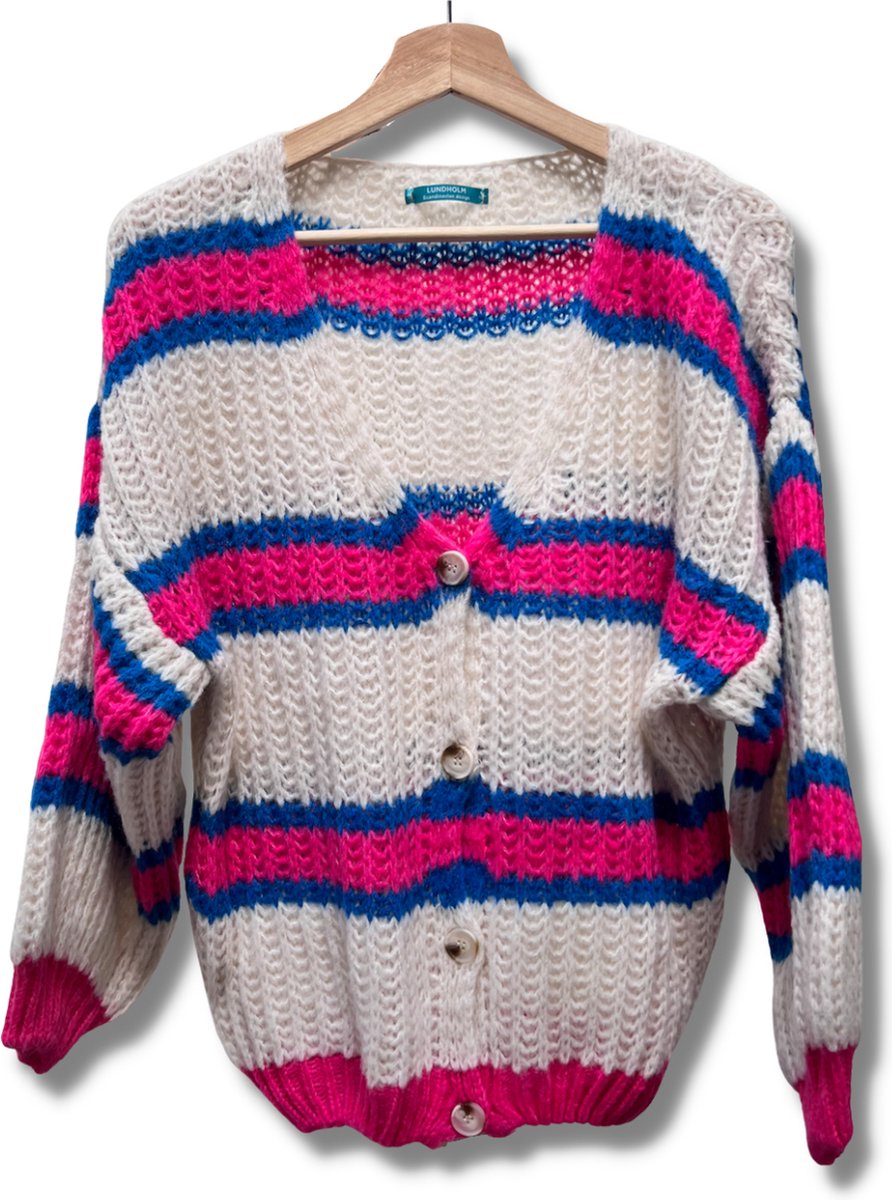 Lundholm Vest Dames gebroken wit blauw roze gestreept - gebreide truien dames oversized trui dames knitted scandinavische trui dames | Lundholm Linköping collectie