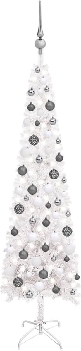 Prolenta Premium - Kerstboom met LED's en kerstballen smal 150 cm wit
