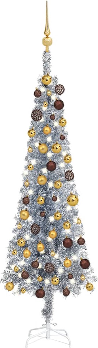 Prolenta Premium - Kerstboom met LED's en kerstballen smal 150 cm zilverkleurig