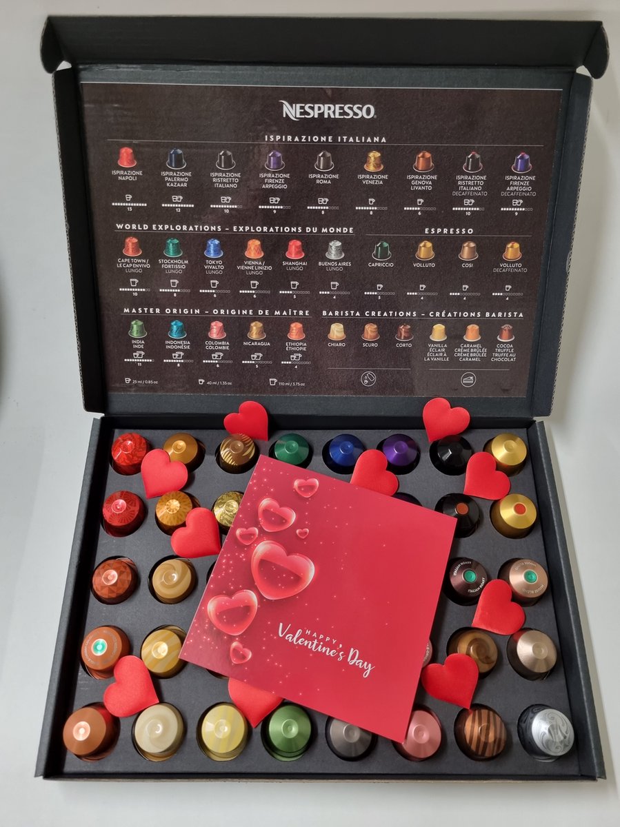 Goedkoopste Nespresso & Starbucks Koffie Proeverij Pakket groot 40 stuks verschillende smaken met Mystery Card 'Happy Valentine's Day' met persoonlijke (video) boodschap | Verjaardag | Sinterklaas | Kerstpakket | Vaderdag | Moederdag | Jubileum | Valentijnsdag