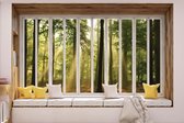 Fotobehang - Vlies Behang - 3D - Uitzicht op het Bos met de Zonnestralen vanuit het Raam - 312 x 219 cm