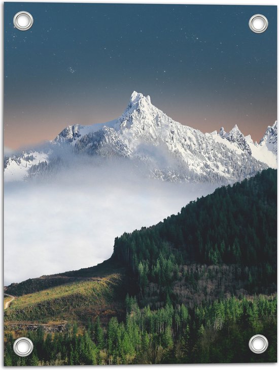 WallClassics - Tuinposter – Sneeuwbergen achter Groene Bergen - 30x40 cm Foto op Tuinposter  (wanddecoratie voor buiten en binnen)