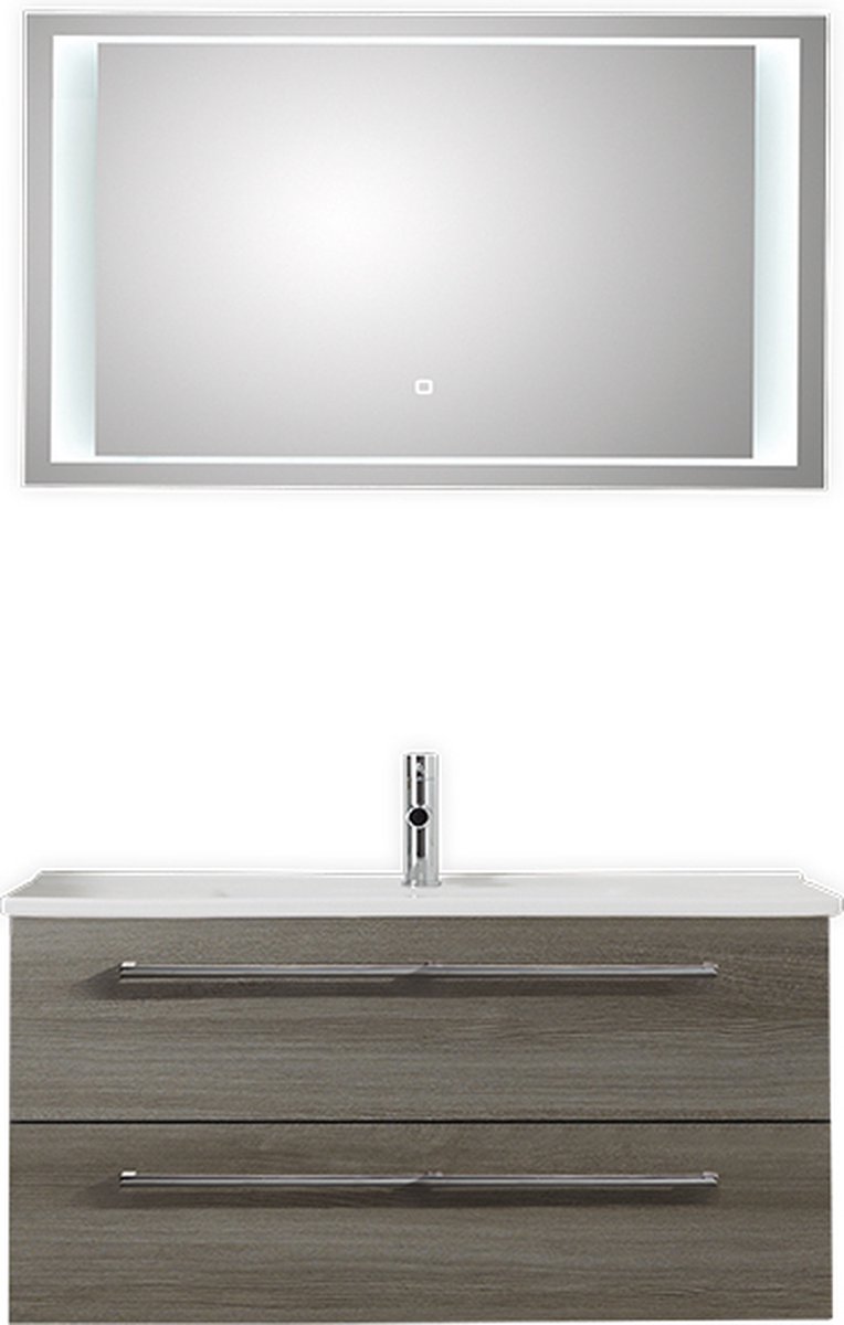 Badkamermeubel Pelipal Valencia 100 cm wastafelonderkast met greep 2 laden met luxe spiegel Grafiet Structuur met kraangat