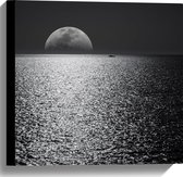 WallClassics - Canvas  - Maan aan de Horizon bij de Zee Zwart / Wit - 40x40 cm Foto op Canvas Schilderij (Wanddecoratie op Canvas)