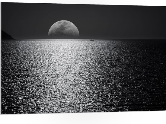 WallClassics - PVC Schuimplaat- Maan aan de Horizon bij de Zee Zwart / Wit - 105x70 cm Foto op PVC Schuimplaat