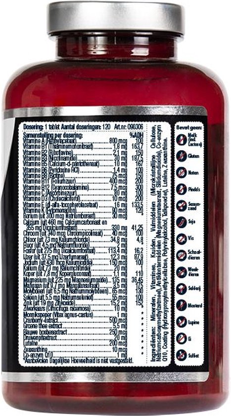 Achterkant van een rode pot met 120 tabletten. Bevat een gedetailleerde ingrediëntenlijst en voedingswaarden.
