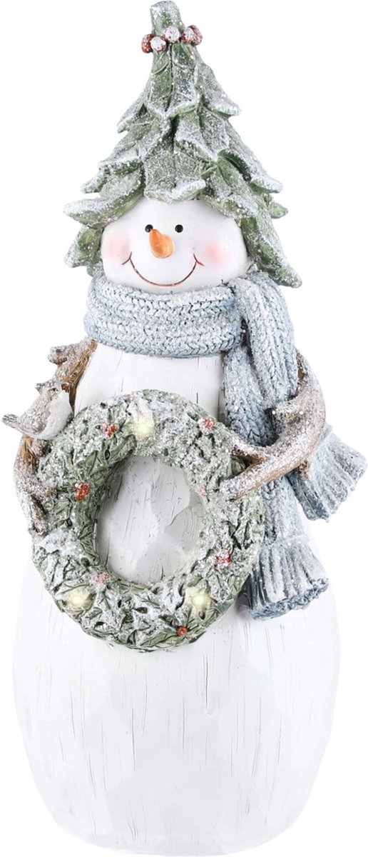 Sneeuwman / sneeuwpop met krans met LED verlichting - Wit / bruin / groen - 16 x 13 x 32 cm hoog.