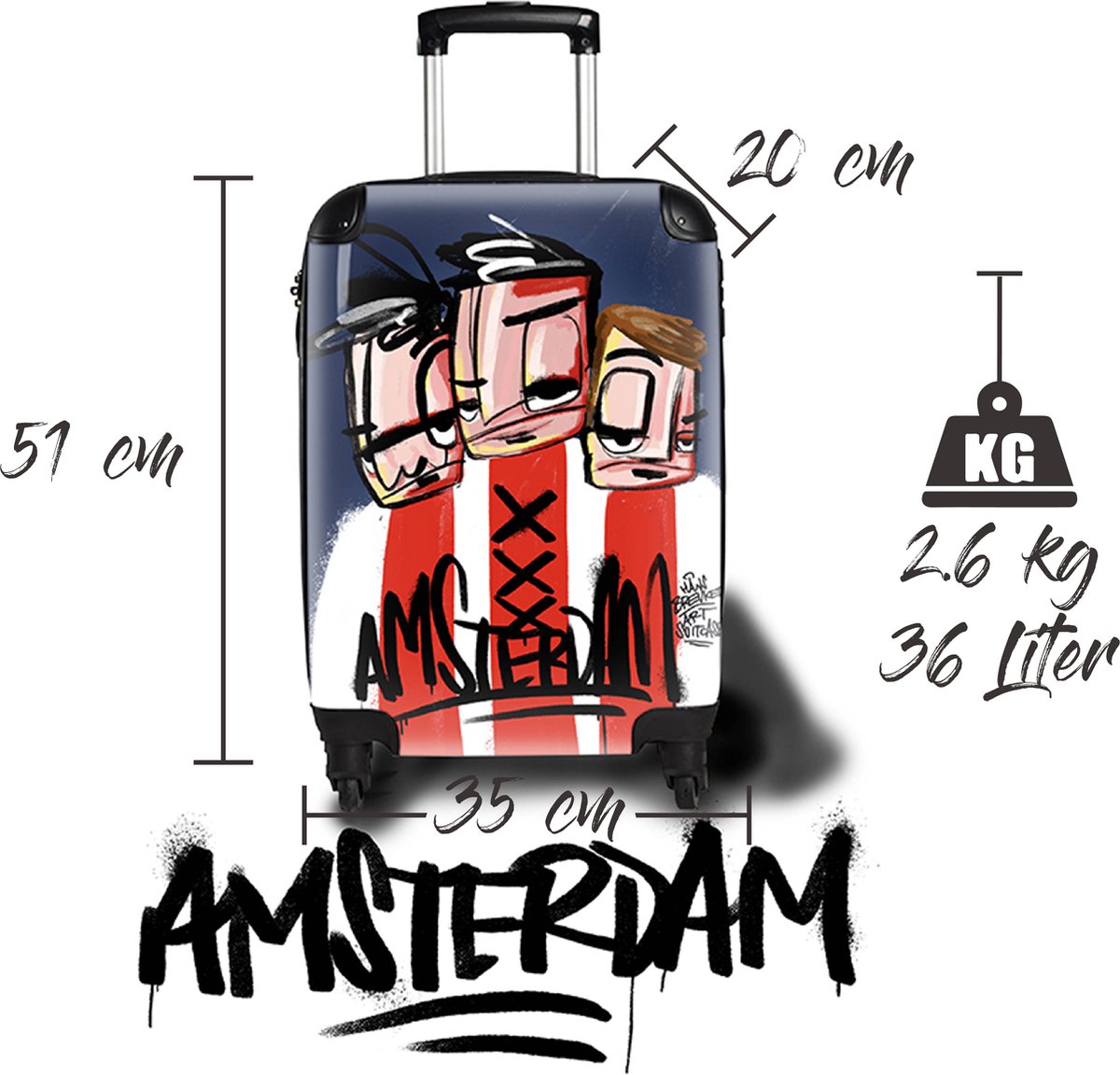 Amsterdam Ajaxart koffer. Originele HANS BREUKER™ Art Suitcase.Amsterdam! Geïnspireerd op Ajax. Reis in stijl, represent je stad met een echte Amsterdam koffer die maar weinigen hebben. Een originele manier om Ajax te supporten.
