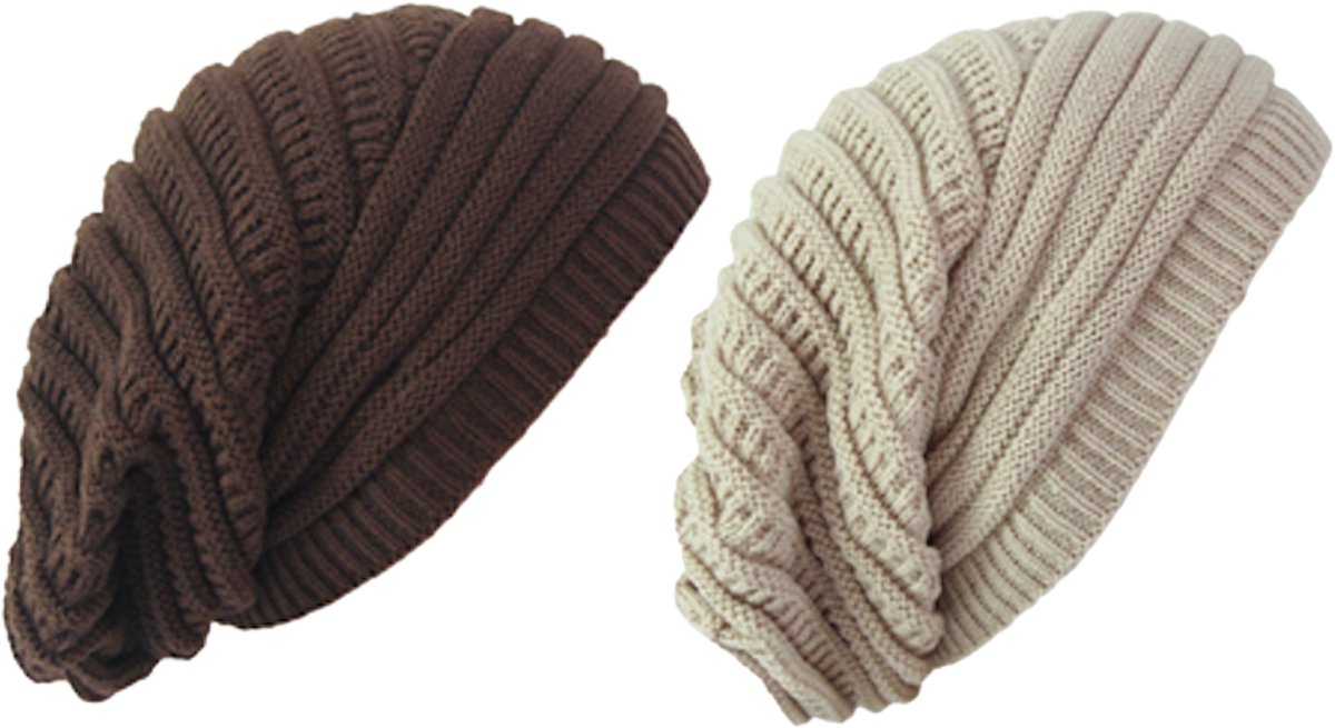ASTRADAVI 2-Set Slouchy Beanie Hats - Unisex Slouchy Muts - Warme Herfst Winter Muts voor Vrouwen & Heren - Bruin, Beige