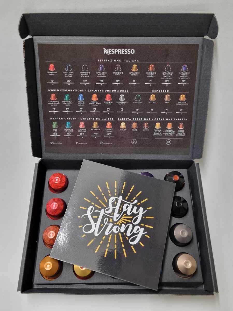 Goedkoopste Koffie Proeverij Pakket met 20 stuks verschillende smaken en Mystery Card 'Stay Strong' met persoonlijke (video) boodschap | Verjaardag | Sinterklaas | Kerstpakket | Vaderdag | Moederdag | Jubileum | Valentijnsdag