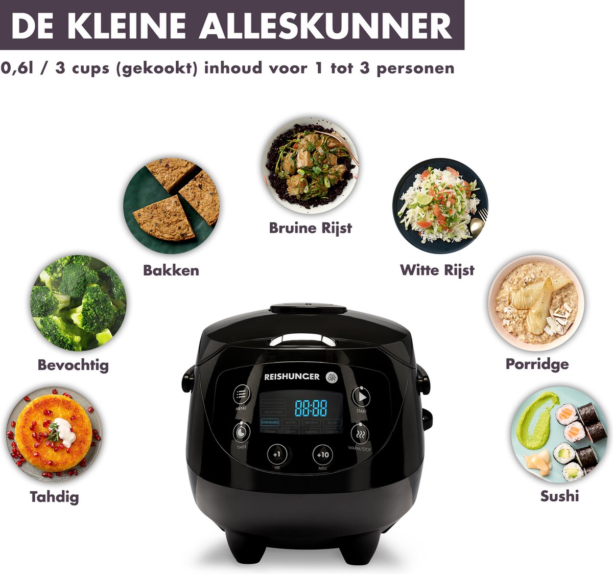 Reishunger Digitale Mini Rijstkoker in Zwart - Multicooker met 8 programma's, stoominzet, premium binnenpan, timer en warmhoudfunctie - Rijst voor maximaal 3 personen – foto 8