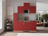 Goedkope keuken 180  cm - complete kleine keuken met apparatuur Gerda - Beuken/Rood - elektrische kookplaat  - koelkast        - magnetron - mini keuken - compacte keuken - keukenblok met apparatuur