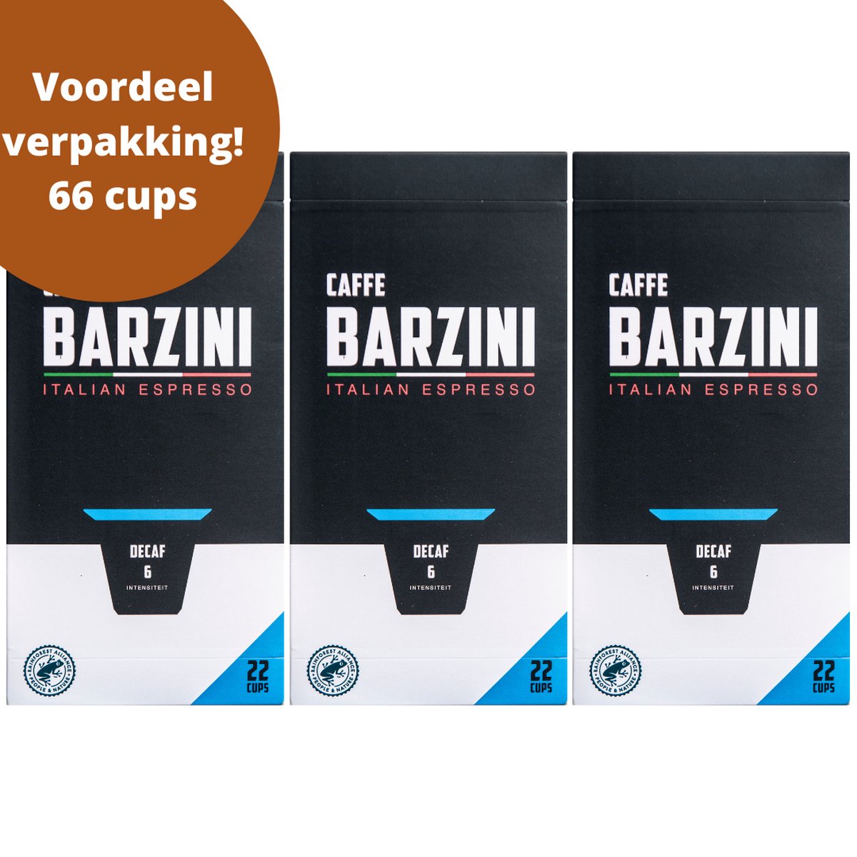 Barzini Decaf Cups - 3x 22 Cafeïnevrije koffie cups - Totaal 66 capsules - 100% Rainforest Alliance koffie cups - koffiecapsules