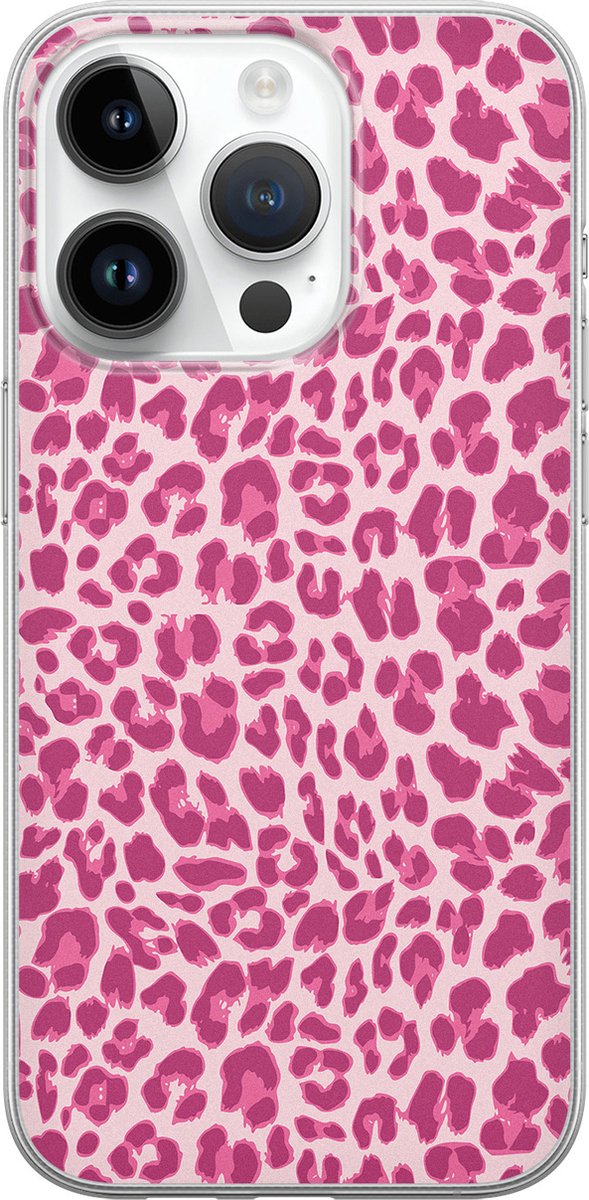 Leuke Telefoonhoesjes - Hoesje geschikt voor iPhone 14 Pro - Luipaard roze - Soft case - TPU - Luipaardprint - Roze
