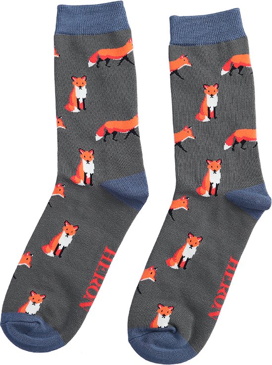 Mr Heron heren sokken met vossen - charcoal - vossenprint - vos - dierenprint - bamboe sokken
