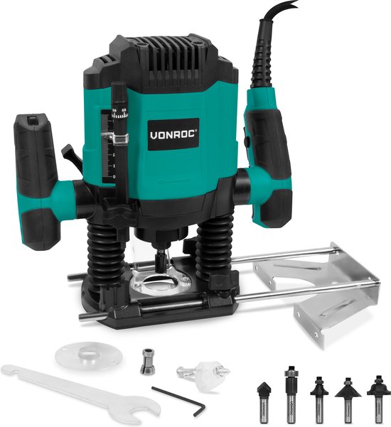 VONROC Bovenfrees 1200W – 6-8mm – Variabel toerental 16.000 – 30.000 rpm – Incl. 6-delige freesset, malgeleider, parallelgeleider en centreerpen