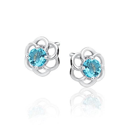Joy|S - Zilveren elegante bloem oorbellen - 8 mm - zirkonia aqua marine blauw - gehodineerd