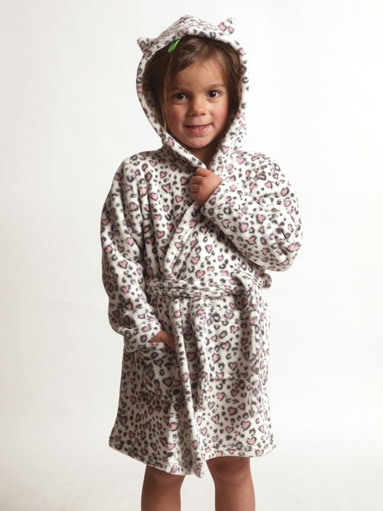Cocodream - Kamerjas meisjes - Kinderbadjas - Fleece - Cat - leopard/hartjes print- Maat 92