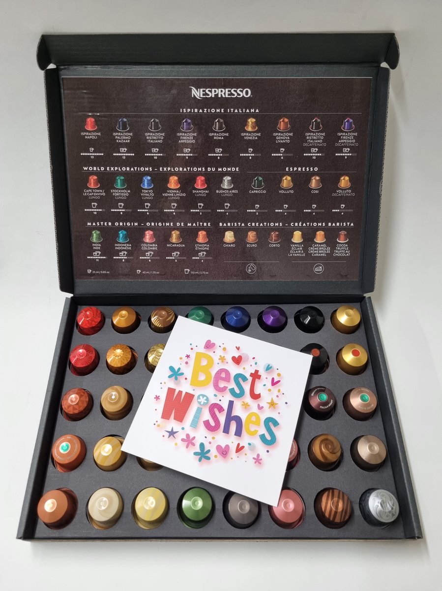 Goedkoopste Nespresso & Starbucks Koffie Proeverij Pakket groot 40 stuks verschillende smaken met Mystery Card 'Best Wishes' met persoonlijke (video) boodschap | Verjaardag | Sinterklaas | Kerstpakket | Vaderdag | Moederdag | Jubileum | Valentijnsdag