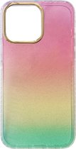 Casemania Hoesje Geschikt voor Apple iPhone 14 Pro Roze & Geel - Extra Stevig Glitter Regenboog Siliconen Back Cover