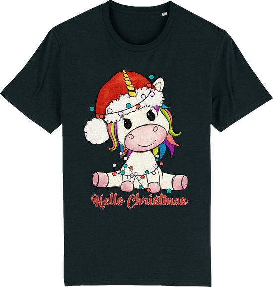 Jongens Meisjes T Shirt - Unicorn Kerstmis - Zwart - Maat 146