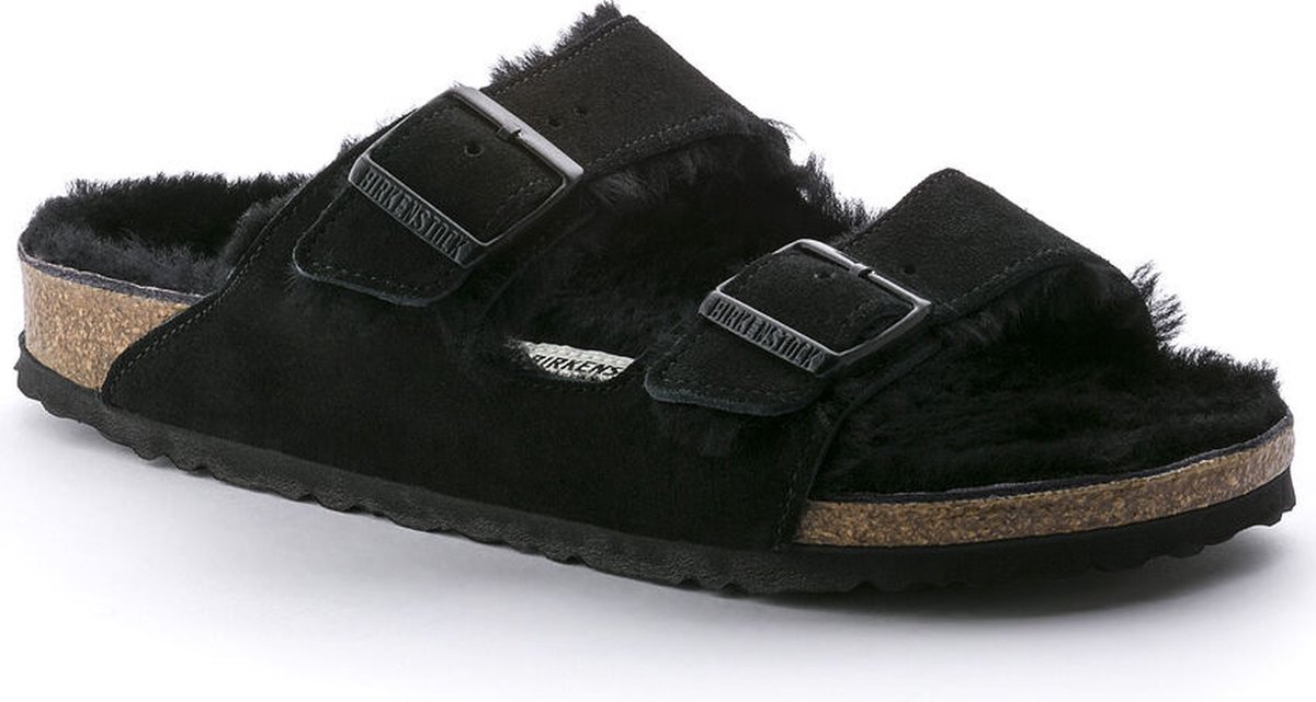 Birkenstock Arizona Lamsvel Suede Smal Voetbed Zwart