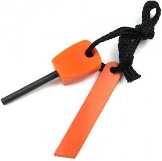 Oranje vuurstarter met zwarte draad en oranje aansteker.