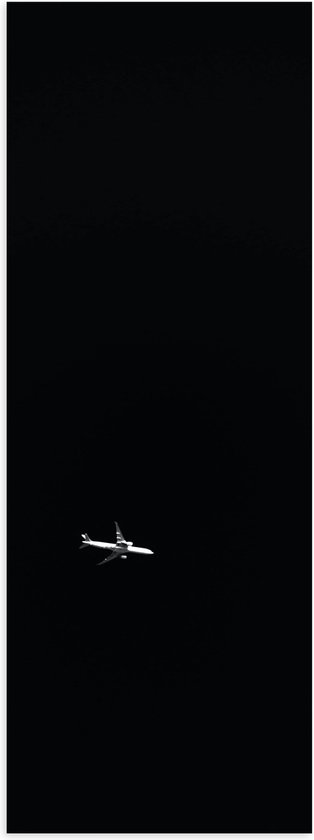 WallClassics - Poster Glanzend – Wit Vliegtuig op Zwarte Achtergrond - 40x120 cm Foto op Posterpapier met Glanzende Afwerking