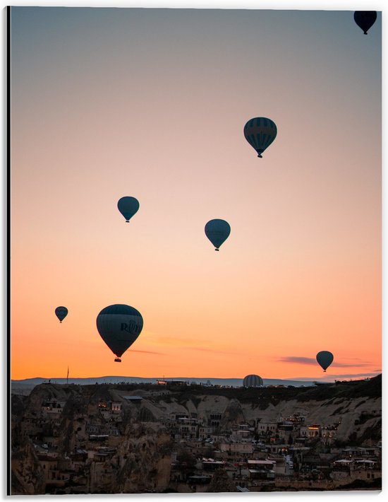 WallClassics - Dibond - Blauw/Witte Luchtballonnen boven Dorpje in Bergen - 30x40 cm Foto op Aluminium (Met Ophangsysteem)