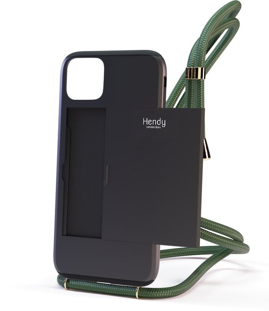 Hendy telefoonhoesje met koord - Sophisticated (ruimte voor pasjes) - Army Green  - iPhone 13 Pro