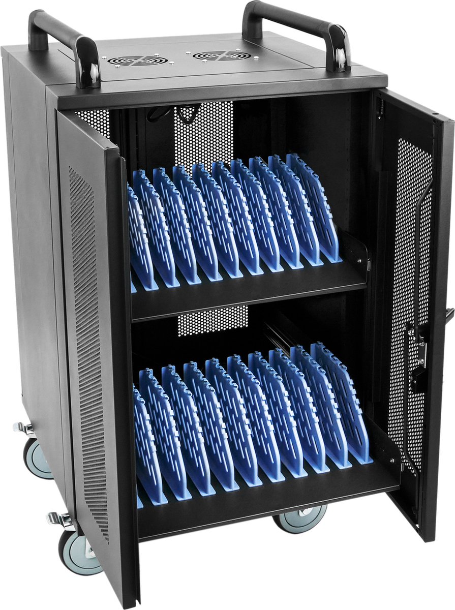 RackMatic - Laad- en transportkast voor 20 tablets en laptops zwart met 24 schuko op 2 strips