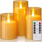 LED Kaarsen 3 stuks-Batterijkaarsen, zuilkaarsen Werkt op batterijen met afstandsbediening en timer, goud glas