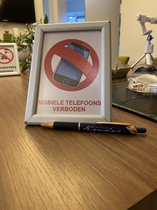 "Mobiele Telefoon verboden" bord met tekst, aluminium click lijst, tafel en muur model