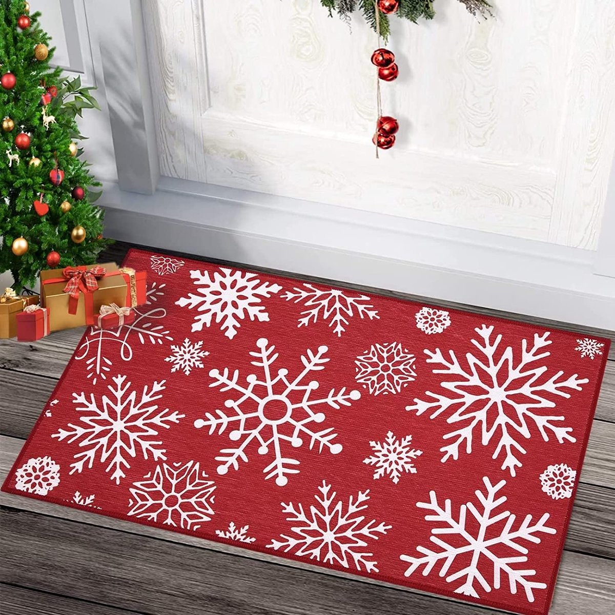 Kerstdeurmat voor binnen en buiten, deurmatten, antislip, vloermat met sneeuwvlok, kerstdecoratie voor keuken, woonkamer, vuilvangmat, wasbaar, rood, 40 x 60 cm