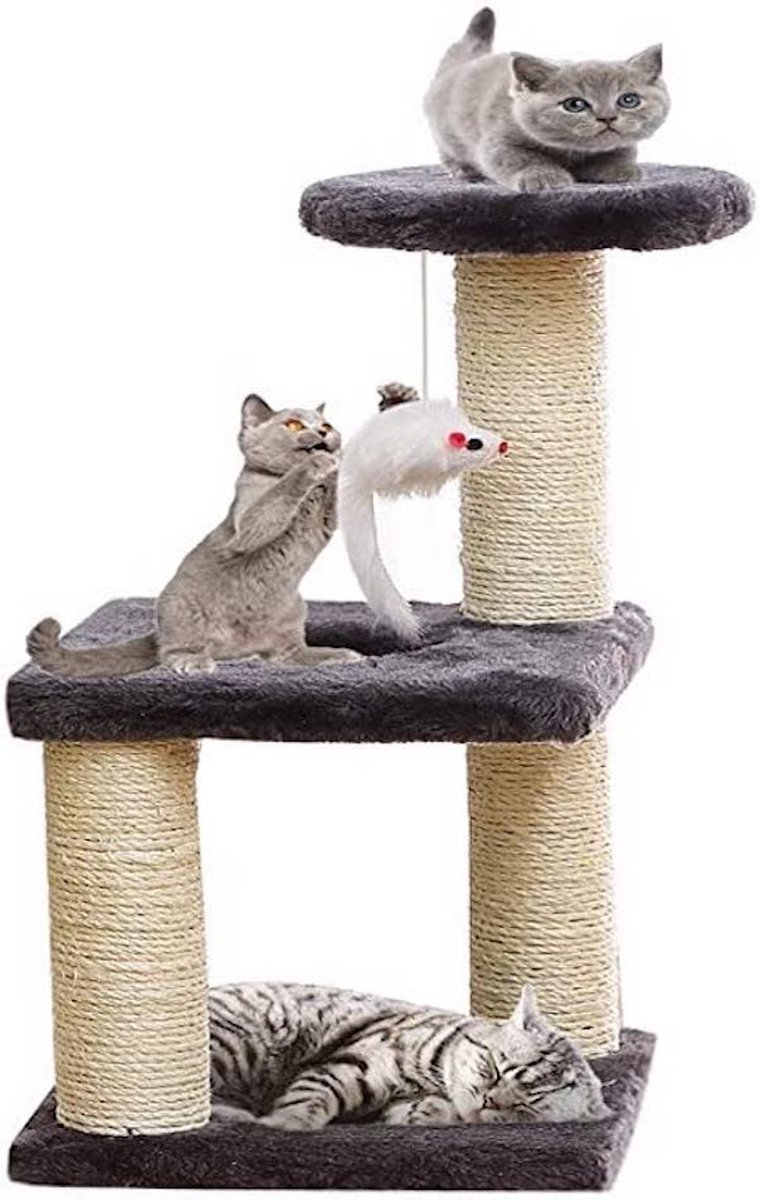 Klimboom voor katten, drielaagse krabpaal Katten met kattenspeelgoed, kattenkrabpaal Knuffel Krabpaal voor katten Kittens Krabpaal Pretpark voor katten (grijs)