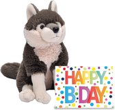 Ravensden - Verjaardag cadeau wolf 25 cm met Happy Birthday wenskaart