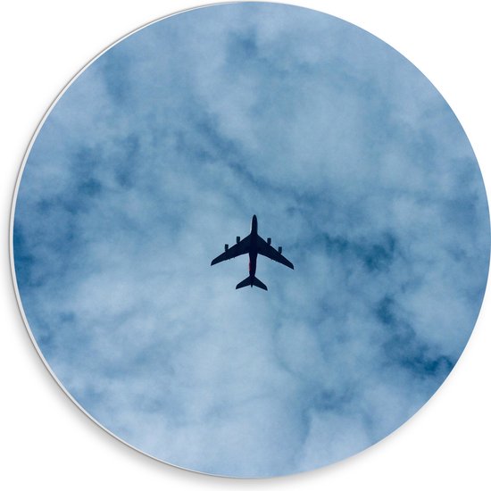 WallClassics - PVC Schuimplaat Muurcirkel - Onderaanzicht van Vliegtuig bij Sluierwolken - 30x30 cm Foto op Muurcirkel (met ophangsysteem)